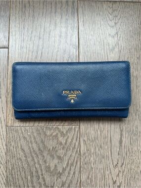 Authentic Prada Navy Saffiano Continental Wallet with Gold Logo